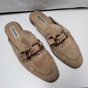 Steve Madden Cassady Loafer Mule Square Toe Gold Chain link on Vamp Tan Size 7M